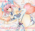  1girl artist_name ass blush breasts bridal_gauntlets cherry_blossoms cleavage corset garter_straps hat heart heart_pillow large_breasts lying mob_cap on_bed on_side panties pillow pink_hair red_eyes saigyouji_yuyuko short_hair single_elbow_glove smile solo tamagoboro thigh-highs touhou traditional_media triangular_headpiece underwear 