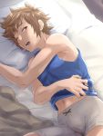  1boy @@@ bed_sheet blanket blush boxers brown_hair bulge drooling gran_(granblue_fantasy) granblue_fantasy male_focus messy_hair navel one_eye_closed open_mouth pillow saliva sleeping solo tank_top underwear 