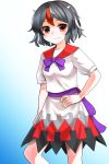  1girl black_hair bow bowtie dress hand_on_hip highres horns kijin_seija looking_at_viewer mono_(moiky) multicolored_hair print_dress puffy_short_sleeves puffy_sleeves red_eyes sash short_hair short_sleeves solo streaked_hair touhou 