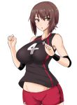  1girl breasts brown_eyes brown_hair girls_und_panzer groin highres navel nishizumi_maho parted_lips short_hair shorts simple_background solo takara_joney white_background 