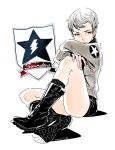  1girl 2016 bomber_jacket boots brown_eyes callan_(callancoe) dated emblem freckles girls_und_panzer grey_hair jacket naomi_(girls_und_panzer) sitting sketch solo thighs white_background 