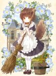  1girl animal_ears apron broom brown_hair bucket building butterfly collar dress floral_background flower frilled_dress frills full_body hatihamu holding looking_at_viewer maid maid_apron mary_janes orange_eyes original outdoors pantyhose shoes short_hair short_sleeves sky solo tail white_legwear window 