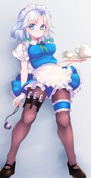  1girl apron black_legwear blue_dress blue_eyes breasts covered_nipples cup dress highres holster izayoi_sakuya knife leg_garter legs looking_at_viewer maid maid_headdress pantyhose pocket_watch puffy_short_sleeves puffy_sleeves shirt short_dress short_sleeves silver_hair solo teacup teapot thigh_holster throwing_knife touhou tray twintails waist_apron watch zibun_owl 