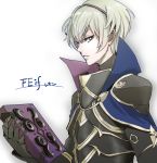 1boy armor blonde_hair book cape copyright_name fire_emblem fire_emblem_if gloves green_eyes leon_(fire_emblem_if) momoge_huto simple_background solo white_background 