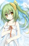  1girl alternate_costume blush chemise daiyousei dress fairy_wings flat_chest green_hair long_hair looking_at_viewer lying on_back partially_submerged ribbon see-through side_ponytail smile solo sundress touhou wings yellow_eyes yuuhagi_(amaretto-no-natsu) 