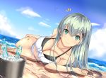  +_+ 1girl aqua_eyes aqua_hair bare_shoulders beach bikini blush breasts cleavage clouds front-tie_top hair_ornament hairclip highres kantai_collection long_hair looking_at_viewer luna_(gunfire) lying navel ocean on_side outdoors sand sky smile solo suzuya_(kantai_collection) swimsuit symbol-shaped_pupils water white_bikini 