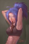  1girl abs adjusting_hair blue_eyes blue_hair crop_top earrings gloves highres jewelry leona_heidern long_hair midriff mouth_hold muscle navel ponytail snk solo spade-m tank_top the_king_of_fighters the_king_of_fighters_xiii tying_hair upper_body 