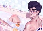  1boy bandaid bathing bathtub birthmark dixie_cup_hat glasses green_eyes hat higashikata_jousuke higashikata_jousuke_(jojolion) highres joestar_birthmark jojo_no_kimyou_na_bouken jojolion lipstick_tube looking_at_viewer male_focus military_hat nai_nyan_sae objectification peace_symbol purple_hair razor rubber_duck solo wet 