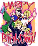  3boys age_progression all_might arm_up blonde_hair bodysuit boku_no_hero_academia clenched_hand closed_eyes gakuran happy_birthday male_focus multiple_boys muscle outside_border oversized_clothes school_uniform smile superhero thumbs_up touko_(rinto) 