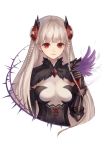  1girl black_wings bow braid dark_valkyrie_(p&amp;d) earrings gauntlets hair_ornament jewelry light_smile long_hair looking_at_viewer puzzle_&amp;_dragons red_eyes simple_background solo thorns twin_braids valkyrie_(p&amp;d) very_long_hair white_background white_hair wings zek_(zecola) 