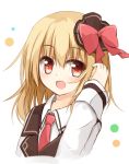  1girl :d adapted_costume adjusting_hair blush bow collared_shirt hair_bow hair_ribbon long_sleeves looking_at_viewer lowres necktie open_mouth red_eyes ribbon rumia scrunchie shirt smile solo touhou vest yuuhagi_(amaretto-no-natsu) 