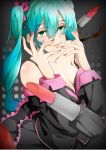  1girl absurdres aqua_hair bangs black_background black_dress blurry bra_slip bra_strap breasts butterfly_hair_ornament closed_mouth collarbone depth_of_field dress eyebrows eyebrows_visible_through_hair fingernails frills gradient gradient_background green_eyes hair_between_eyes hair_ornament hatsune_miku highres honey_whip_(module) large_breasts lipstick_tube long_fingernails long_hair long_sleeves looking_at_viewer nail_polish off_shoulder polka_dot polka_dot_background project_diva_(series) project_diva_f red_nails smile solo sweet_devil_(vocaloid) twintails very_long_hair vocaloid xinshijie_de_akalin 