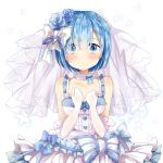  1girl alternate_costume blue_eyes blue_hair blue_ribbon blue_rose blush bow clenched_hands collar collarbone cowboy_shot dress elbow_gloves flower frilled_collar frilled_dress frills gloves hair_bow hair_flower hair_ornament hair_ribbon hands_on_own_chest hoshi_lingdang looking_at_viewer re:zero_kara_hajimeru_isekai_seikatsu rem_(re:zero) ribbon rose shiny shiny_hair sleeveless solo star veil wedding_dress white_background 