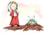  2girls antennae arm_up ascot asu_tora blue_eyes blush_stickers gagged green_hair hand_on_hip kazami_yuuka long_sleeves multiple_girls open_clothes open_vest plaid plaid_skirt plaid_vest shirt shocked_eyes shovel skirt skirt_set sparkle touhou vest worktool wriggle_nightbug 