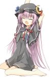  1girl :o barefoot capelet collar crescent flat_chest hat long_hair mob_cap nightgown patchouli_knowledge purple_hair see-through sitting solo stretch tears touhou very_long_hair wariza yawning yuuhagi_(amaretto-no-natsu) 