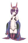  1girl bob_cut collarbone eyebrows eyebrows_visible_through_hair fang fate/grand_order fate_(series) goekawa hair_ornament hikimayu horns japanese_clothes kneeling looking_at_viewer navel off_shoulder oni_horns open_mouth purple_hair shuten_douji_(fate/grand_order) simple_background small_breasts solo thigh-highs violet_eyes white_background wide_sleeves 