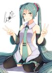  1girl :3 :d adapted_costume aqua_necktie black_legwear blue_eyes blue_hair blush collared_shirt detached_sleeves double_v eyebrows eyebrows_visible_through_hair facial_tattoo fingernails full_body grey_shirt grin hatsune_miku headset highres long_sleeves looking_at_viewer necktie number open_clothes open_mouth open_shirt plan_(planhaplalan) pleated_skirt shirt signature simple_background sitting skirt sleeveless sleeveless_shirt smile smiley_face striped tattoo teeth throat_microphone twintails v vertical_stripes vocaloid wariza white_background wing_collar 