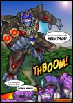  2boys 2koma arm_cannon beast_wars black_border border cannon clenched_teeth comic english engrish fangs flying glowing gorilla grinding gun hands jungle kamizono_(spookyhouse) machinery maximal mecha megatron multiple_boys nature no_humans open_mouth optimus_primal ranguage river robot teeth transformers weapon 