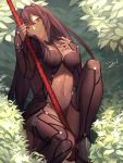  1girl bianyuanqishi bodysuit breasts covered_navel fate/grand_order fate_(series) gae_bolg light_smile long_hair nature polearm purple_hair red_eyes scathach_(fate/grand_order) signature solo spear weapon 