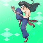  1boy black_hair chinese_clothes claw_(weapon) fighting_stance glasses long_hair male_focus mousse muscle ranma_1/2 ribs sash solo standing standing_on_one_leg topless wantan-orz weapon 
