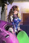  1girl absurdres armor bangs bodysuit breasts brown_eyes brown_hair bunny_print copyright_name d.va_(overwatch) facial_mark gloves headphones heart heart-shaped_pupils high_collar highres long_hair looking_at_viewer mecha open_mouth overwatch pilot_suit pink_eyes pink_lips rabbit skin_tight solo symbol-shaped_pupils tearing_up tears whisker_markings white_gloves 