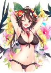  1girl ;d alternate_costume armpits arms_up between_breasts bikini black_bikini black_wings blush bow breasts brown_hair daisy feathered_wings floral_background flower frills front-tie_top green_bow groin hair_bow hair_flower hair_ornament halter_top halterneck hibiscus large_breasts light_particles lily_(flower) long_hair navel one_eye_closed open_mouth petals pink_flower red_eyes red_flower reiuji_utsuho smile solo stomach strap_gap sunflower swimsuit tetsurou_(fe+) third_eye touhou transparent white_background white_flower wings yellow_flower 