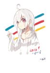  1girl 2016 absurdres ahoge artist_name collarbone dated eyebrows eyebrows_visible_through_hair fingernails highres hood hood_down hoodie hoshino_(8679643) long_hair looking_at_viewer original pink_eyes pointing pom_pom_(clothes) smile solo upper_body white_background white_hair 