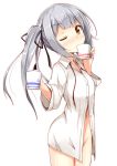  1girl aikawa_ryou blush bottomless coffee_mug dress_shirt hair_ribbon kantai_collection kasumi_(kantai_collection) long_hair looking_at_viewer naked_shirt one_eye_closed pleated_skirt ribbon school_uniform shirt side_ponytail silver_hair skirt solo suspenders white_shirt yellow_eyes 