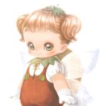  1girl arms_at_sides bangs blush brown_hair buttons child closed_mouth eyelashes fairy_wings gloves green_eyes hat key long_hair overalls rilu_rilu_fairilu short_sleeves simple_background smile solo souri tomato_(fairilu) transparent_wings twintails white_background white_gloves wings 