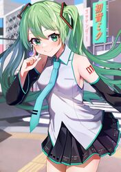  1girl absurdres aqua_eyes aqua_hair bangs bare_shoulders black_skirt blush detached_sleeves hair_ornament hand_on_own_face hatsune_miku highres long_hair looking_at_viewer necktie number_tattoo shoulder_tattoo skirt smile tattoo twintails very_long_hair vocaloid yb_suika 