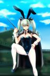  1girl adapted_costume anchovy animal_ears bunnysuit cape detached_collar drill_hair girls_und_panzer green_hair highres kashiru long_hair pantyhose rabbit_ears red_eyes ribbon riding_crop twin_drills twintails wrist_cuffs 