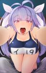  1girl artist_name bare_shoulders barefoot blue_hair breasts collarbone commentary_request eyebrows eyebrows_visible_through_hair fangs hair_ribbon haniyama_hanio heart highres i-19_(kantai_collection) kantai_collection large_breasts long_hair looking_at_viewer name_tag one-piece_swimsuit open_mouth pov red_eyes ribbon saliva school_swimsuit solo star star-shaped_pupils swimsuit symbol-shaped_pupils tongue tongue_out tri_tails twintails valentine 