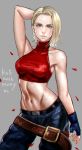  1girl abs armpits bare_shoulders belt blonde_hair blue_eyes blue_mary breasts cowboy_shot fatal_fury fingerless_gloves gloves halter_top halterneck highres k.c large_breasts midriff muscle navel pants short_hair smile snk solo the_king_of_fighters 
