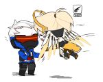  1girl :d ^_^ blonde_hair chibi closed_eyes face_mask flying gameplay_mechanics gloves head_mounted_display high_ponytail incipient_hug jacket lowres mask mechanical_halo mechanical_wings mercy_(overwatch) open_mouth overwatch ponytail scar short_hair simple_background smile soldier:_76_(overwatch) visor white_hair wings yeowoi 