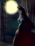  1girl animal_ears bamboo bamboo_forest breasts brown_hair dress eyebrows fingernails forest full_moon gengoroumaru_(ambidextrous) glowing glowing_eyes imaizumi_kagerou long_fingernails long_hair long_sleeves monster_girl moon nail_polish nature red_eyes red_nails scarf sharp_fingernails solo touhou very_long_hair werewolf wide_sleeves wolf_ears 