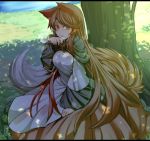  1girl animal_ears blush breasts brooch brown_hair dress fingernails grass imaizumi_kagerou jewelry lake large_breasts long_hair long_sleeves looking_at_viewer nail_polish red_eyes red_nails shade solo sweat tail tamahana touhou tree wide_sleeves wolf_ears wolf_tail 