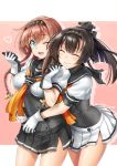  2girls ;d ^_^ akizuki_(kantai_collection) artist_name black_gloves black_hair black_skirt blue_eyes blush braid brown_hair closed_eyes eyebrows eyebrows_visible_through_hair gloves hair_ornament hairband heart hug hug_from_behind kantai_collection long_hair miniskirt multiple_girls neckerchief okitakung one_eye_closed open_mouth pleated_skirt propeller_hair_ornament sailor_collar school_uniform serafuku short_sleeves simple_background skirt smile teeth teruzuki_(kantai_collection) white_gloves white_skirt 