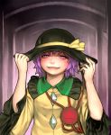  1girl adjusting_clothes adjusting_hat blush bow cosplay eyeball frills gengoroumaru_(ambidextrous) hat hat_bow hat_ribbon holding komeiji_koishi_(cosplay) komeiji_satori long_sleeves looking_at_viewer open_mouth pink_eyes pink_hair pulling ribbon shaded_face short_hair simple_background smile solo third_eye touhou trembling wide_sleeves 