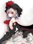  1girl alternate_costume bat_wings black_hat black_skirt blush breasts commentary_request dress frilled_skirt frills hat hat_ribbon long_sleeves looking_at_viewer looking_to_the_side red_eyes red_ribbon remilia_scarlet ribbon sideboob silver_hair skirt solo touhou utakata_(kochou_no_yume) wings 