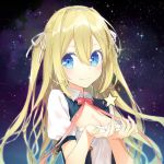  1girl blonde_hair blue_eyes blush breasts cleavage hair_ribbon long_hair looking_at_viewer night night_sky original ribbon sky smile solo star star_(sky) starry_sky tika_(mika4975) two_side_up 