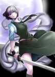  1girl absurdres belt black_necktie blood bloody_clothes green_eyes green_skirt highres hirose_geronimo holding holding_sword holding_weapon konpaku_youmu looking_at_viewer moon necktie shrot_hair silver_hair skirt solo sword torn_clothes touhou weapon 