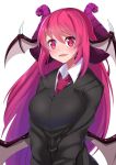  1girl alternate_costume blazer blush breast_hold breasts commentary_request demon_girl demon_horns demon_wings fang head_wings highres hitotsuki_nebura horns jacket koakuma large_breasts long_hair looking_at_viewer necktie parted_lips red_eyes red_necktie redhead smile solo touhou upper_body wings 