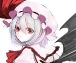  1girl bat_wings black_wings blue_hair commentary_request eyelashes hat hat_ribbon looking_at_viewer looking_back red_eyes red_ribbon remilia_scarlet ribbon solo surprised touhou utakata_(kochou_no_yume) wings 