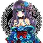  1girl bangs bare_shoulders black_baccara_(flower_knight_girl) blue_kimono blue_rose blunt_bangs blush breasts choker cleavage doroppu dress flower flower_knight_girl hair_flower hair_ornament hairclip japanese_clothes kimono long_hair obi off-shoulder_dress off_shoulder purple_hair rope rose sash solo upper_body violet_eyes 