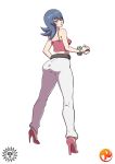  1girl ass belt black_hair bracelet covered_nipples crop_top from_behind full_body gym_leader high_heels highres jewelry long_legs looking_back maniacpaint natsume_(pokemon) poke_ball pokemon pokemon_(game) pokemon_hgss short_hair solo spaghetti_strap violet_eyes white_background 
