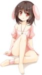 1girl :q animal_ears ankle_cuffs bare_legs barefoot brown_hair dress feet flat_chest full_body inaba_tewi jewelry legs licking_lips looking_at_viewer necklace off-shoulder_dress off_shoulder rabbit_ears red_eyes short_hair sitting smile solo tongue tongue_out touhou yuuhagi_(amaretto-no-natsu) 