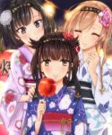  3girls absurdres ahoge akizuki_(kantai_collection) alternate_costume anchor_symbol apple black_eyes black_hair braid brown_eyes brown_hair candy_apple closed_eyes festival floral_print flower flower_on_head food fruit furisode hachimaki hair_ornament hairband hatsuzuki_(kantai_collection) headband height_difference highres japanese_clothes kantai_collection kimono lamp leaf_print light_brown_hair light_smile long_hair long_sleeves looking_at_viewer multiple_girls obi outdoors ponytail sarfata sash short_hair smile teruzuki_(kantai_collection) twin_braids wide_sleeves yellow_eyes 