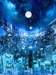  blue blurry city cityscape dark fisheye full_moon galaxy horizon light_particles moon night night_sky no_humans original scenery sky star_(sky) starry_sky zonomaru 