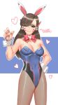  1girl ;) adapted_costume animal_ears artist_request brown_hair bunnysuit character_name d.va_(overwatch) headphones highres long_hair one_eye_closed overwatch pantyhose rabbit_ears smile solo whisker_markings wrist_cuffs 
