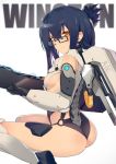  1girl bare_shoulders black_hair bodysuit boots breasts character_name cutout elbow_gloves eyebrows eyebrows_visible_through_hair folded_ponytail genderswap genderswap_(mtf) glasses gloves gun ishitsu_kenzou jetpack knee_boots looking_at_viewer overwatch personification side_cutout sideboob sidelocks sitting solo wariza weapon winston_(overwatch) yellow_eyes 